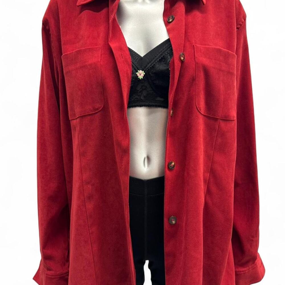 red faux suede button down